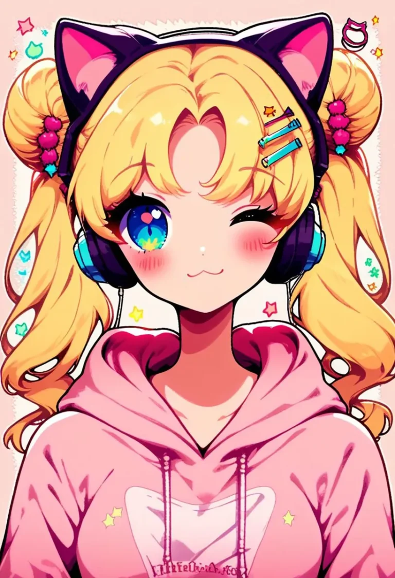 AI generated image of an anime girl with blonde hair in twin ponytails, wearing cat headphones and a pink hoodie. She has bright, expressive eyes and a playful expression.