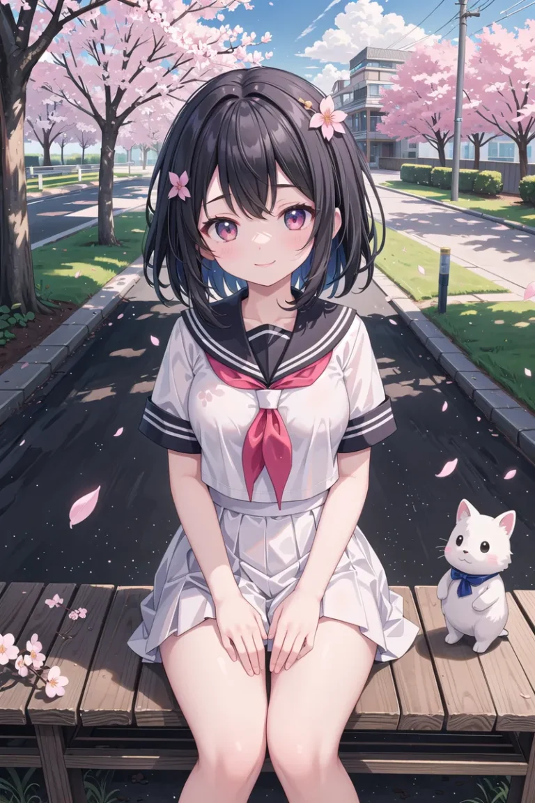 Anime girl with short black hair and purple eyes sitting on a bench, wearing a sailor school uniform, surrounded by cherry blossom trees and accompanied by a small white cat. AI generated image using Stable Diffusion.