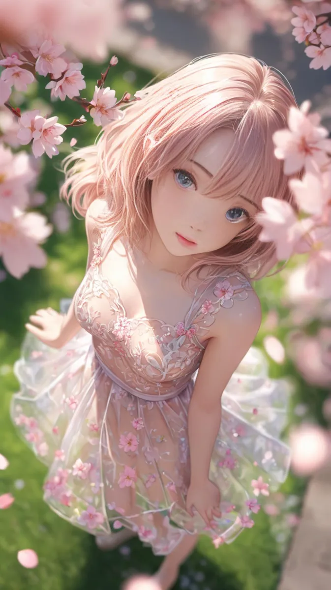 Anime girl with pink hair and blue eyes in a detailed pink dress adorned with floral patterns, surrounded by blooming cherry blossoms, AI generated using Stable Diffusion.