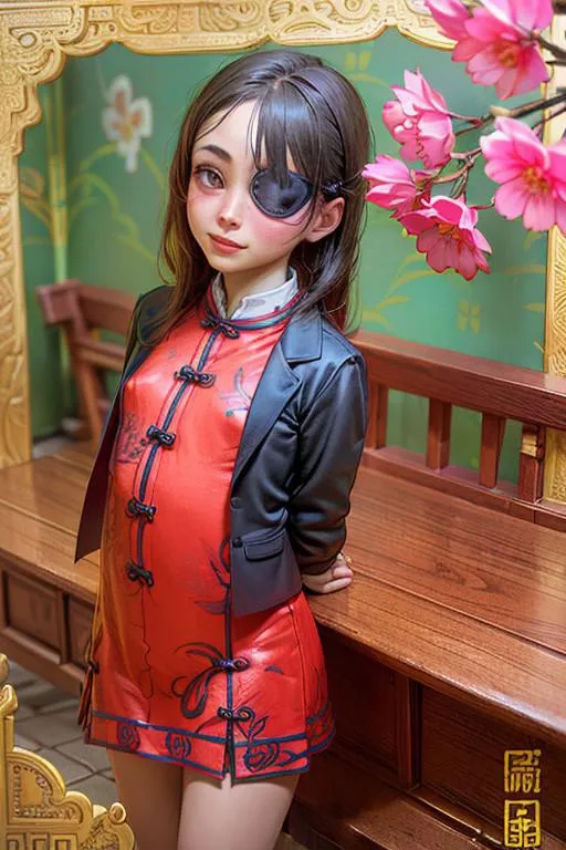 Anime girl with an eye patch in a red traditional Chinese dress and a black jacket, standing by a cherry blossom branch, AI generated image using Stable Diffusion.