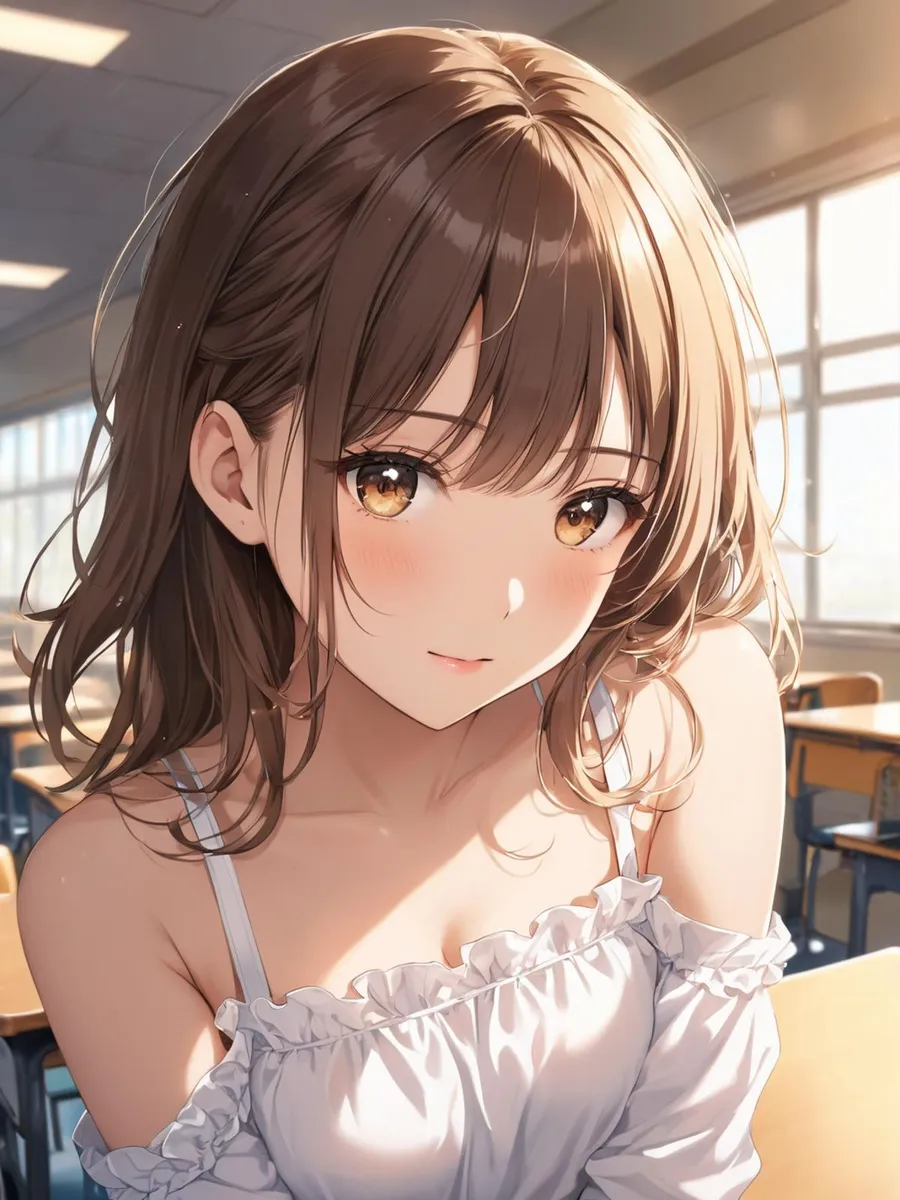 An AI generated anime girl with brown hair and golden eyes, wearing a white blouse, sits in a brightly lit classroom with desks in the background. The image is created using Stable Diffusion.