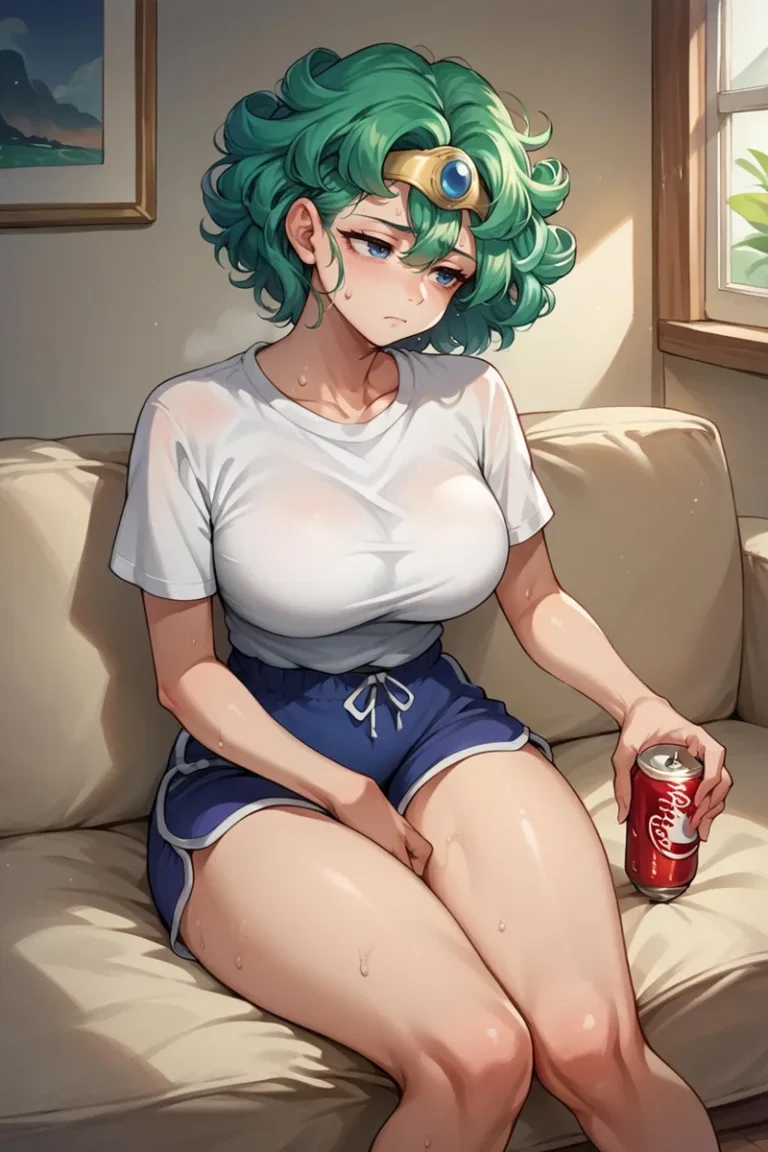 Anime-style girl with green hair, wearing a white t-shirt and blue shorts, sitting on a couch, holding a can of Coca-Cola. She appears to be sweaty. AI generated image using Stable Diffusion.