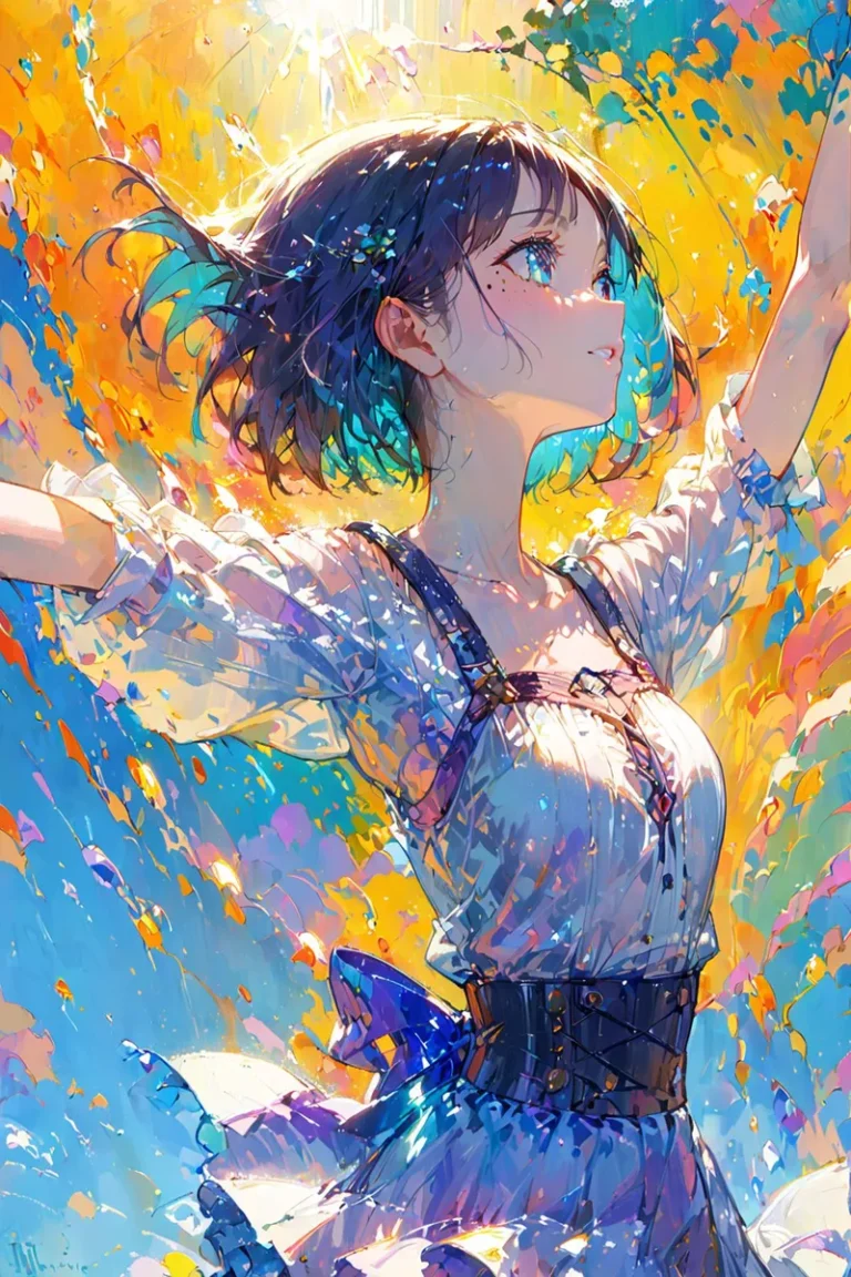 Anime girl with short dark hair and freckles, wearing a white dress with dark straps, standing in a vibrant, colorful abstract scene. AI generated image using Stable Diffusion.