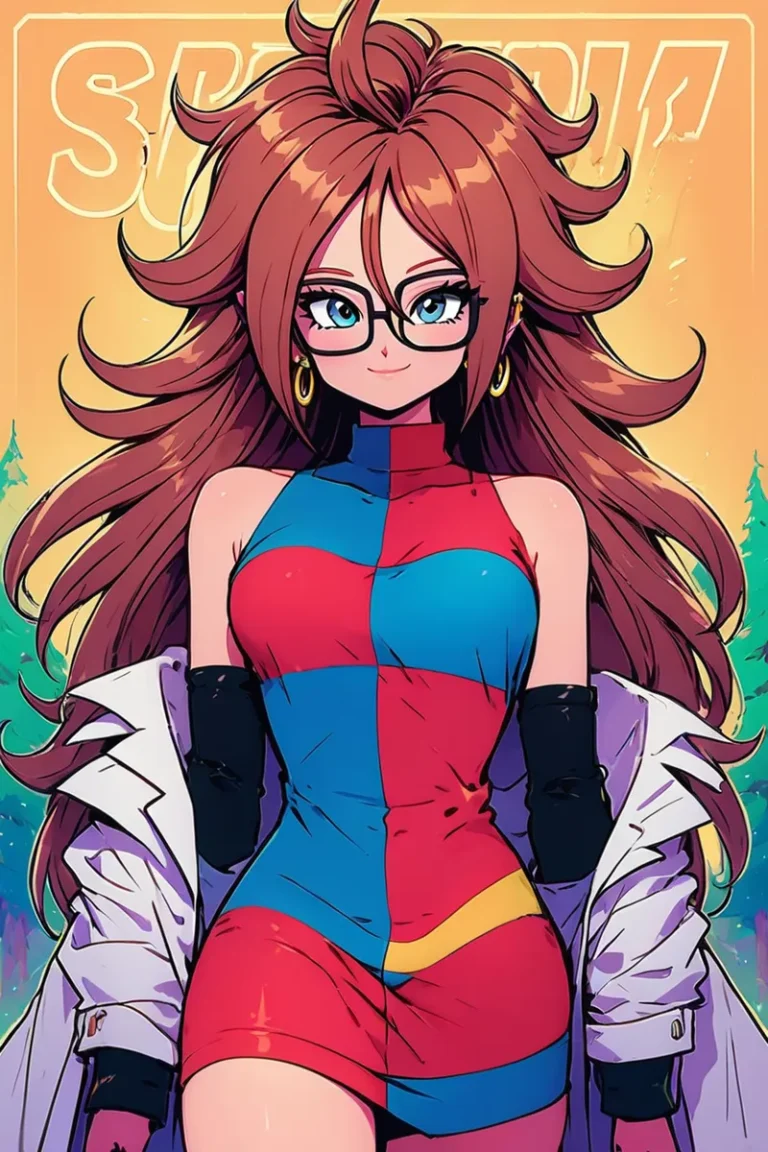 Stylishly designed anime girl with long brown hair wearing a colorful dress and glasses, generated by AI using Stable Diffusion.
