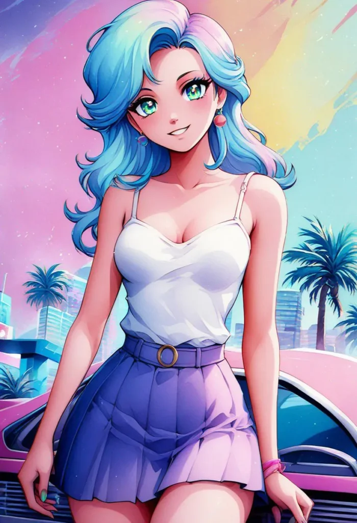 Anime-style girl with vibrant blue and purple hair, wearing a white tank top and a purple skirt, standing in front of a colorful cityscape. This is an AI-generated image using Stable Diffusion.