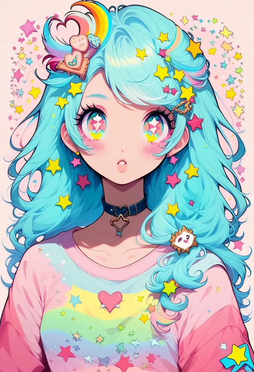 An AI generated image using stable diffusion of a cute anime girl with vibrant blue hair adorned with colorful stars, various cute hair accessories, and sparkly starry eyes.