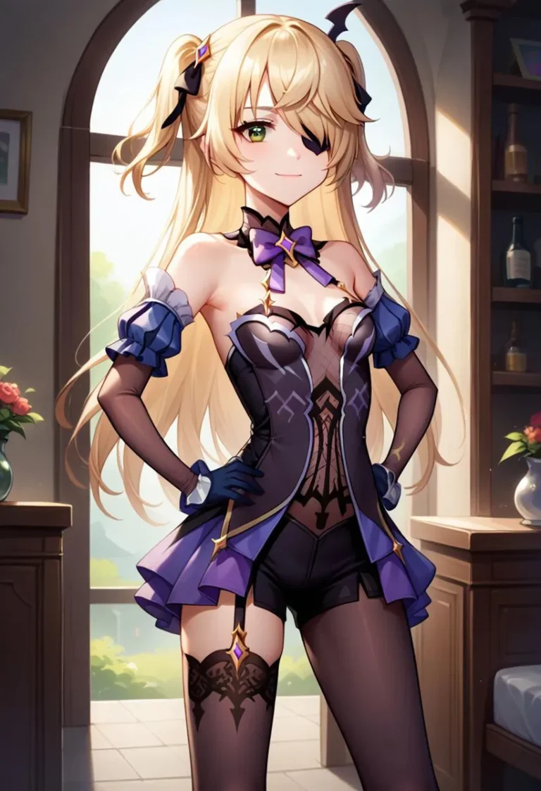 Anime girl with blonde hair and green eyes, wearing a detailed cosplay outfit with a black eyepatch, created by AI using Stable Diffusion.
