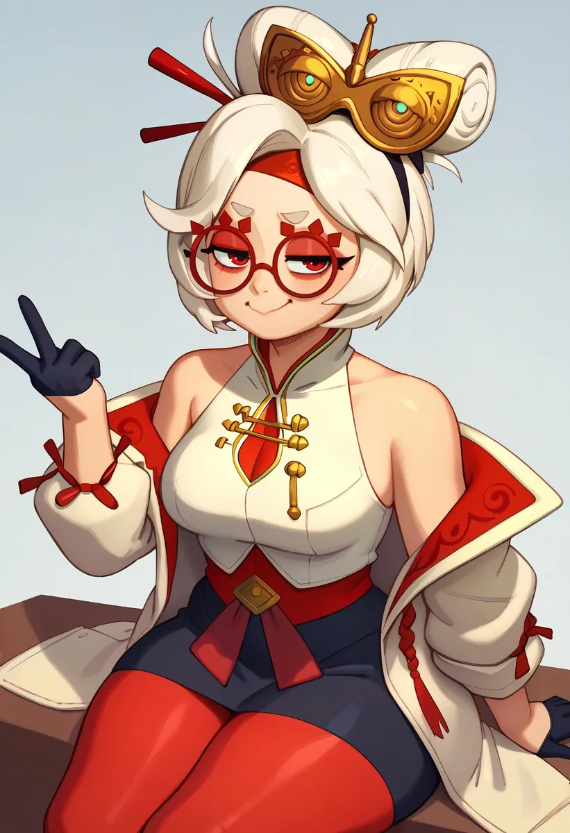 Anime style girl with white hair, red glasses, and a cosplay outfit making a peace sign, AI generated using stable diffusion.
