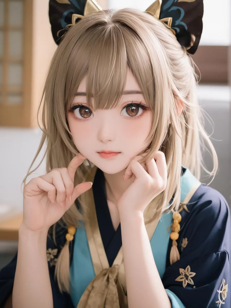 A detailed anime girl rendered by AI using Stable Diffusion, dressed in traditional cosplay attire with intricate hair ornaments.