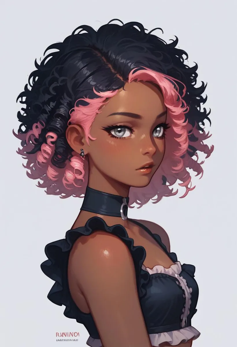 Digital art of an anime girl with curly hair, black with pink highlights, in a ruffled dress and choker. AI generated image using stable diffusion.