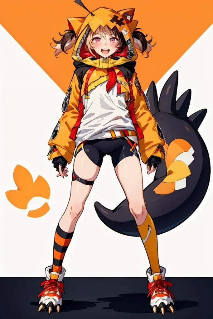 A cute anime girl wearing a yellow and orange themed hoodie with cat ears and other accessories. This is an AI generated image using stable diffusion.
