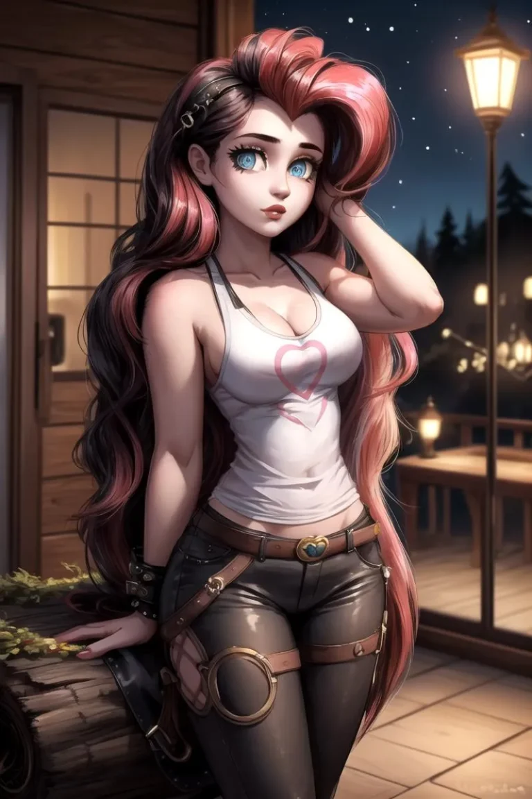 AI generated image of an anime girl with long pink hair, wearing a white tank top and black pants with belts in a cyberpunk setting