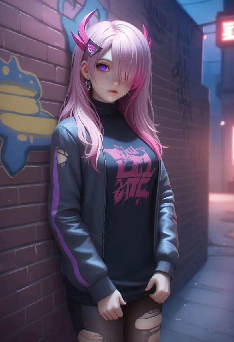 AI generated image using Stable Diffusion of an anime girl with pink hair and purple eyes, standing in a cyberpunk alley with a brick wall graffiti background.