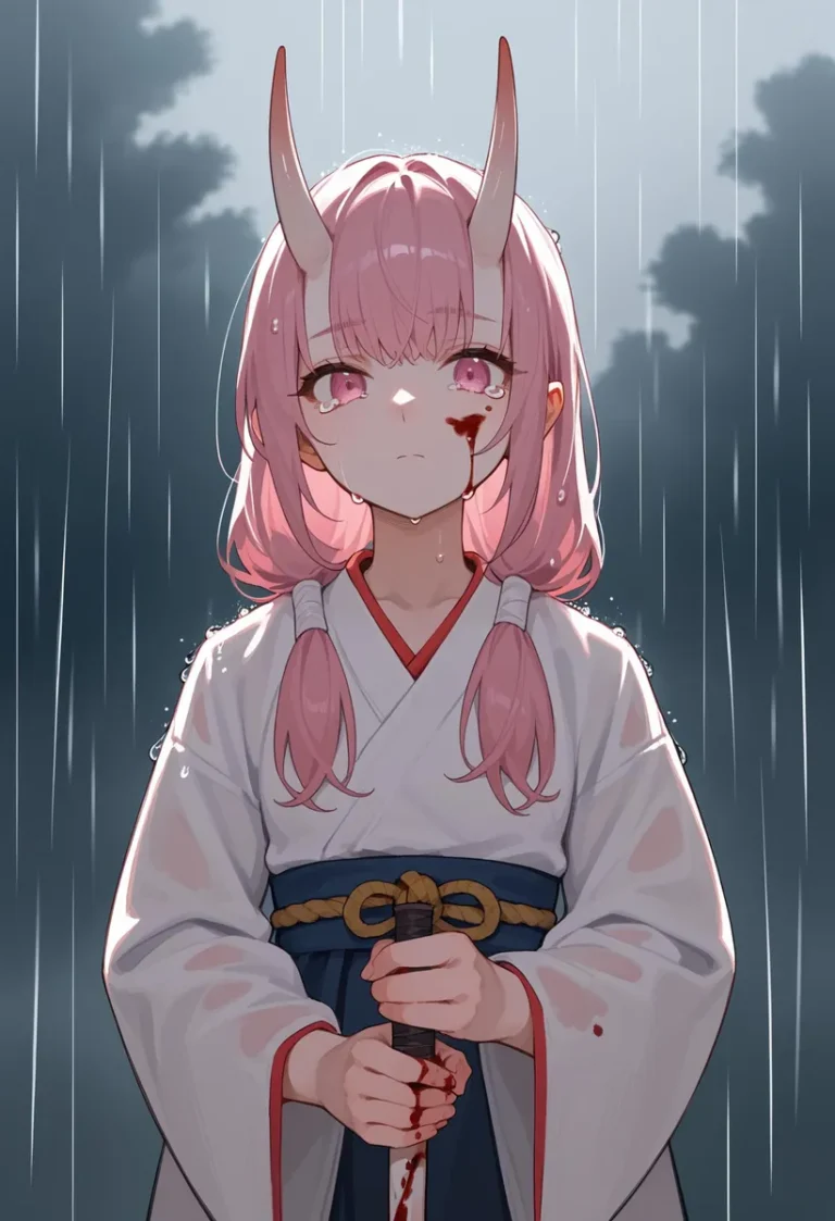 Anime girl with pink hair and demon horns holding a bloodied sword in the rain, created with stable diffusion AI.