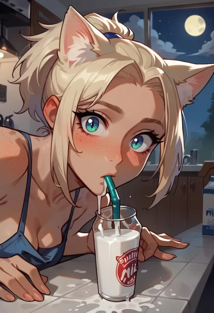 Anime girl with cat ears drinking milk from a glass with a straw in a kitchen under the moonlight, AI generated image using Stable Diffusion.