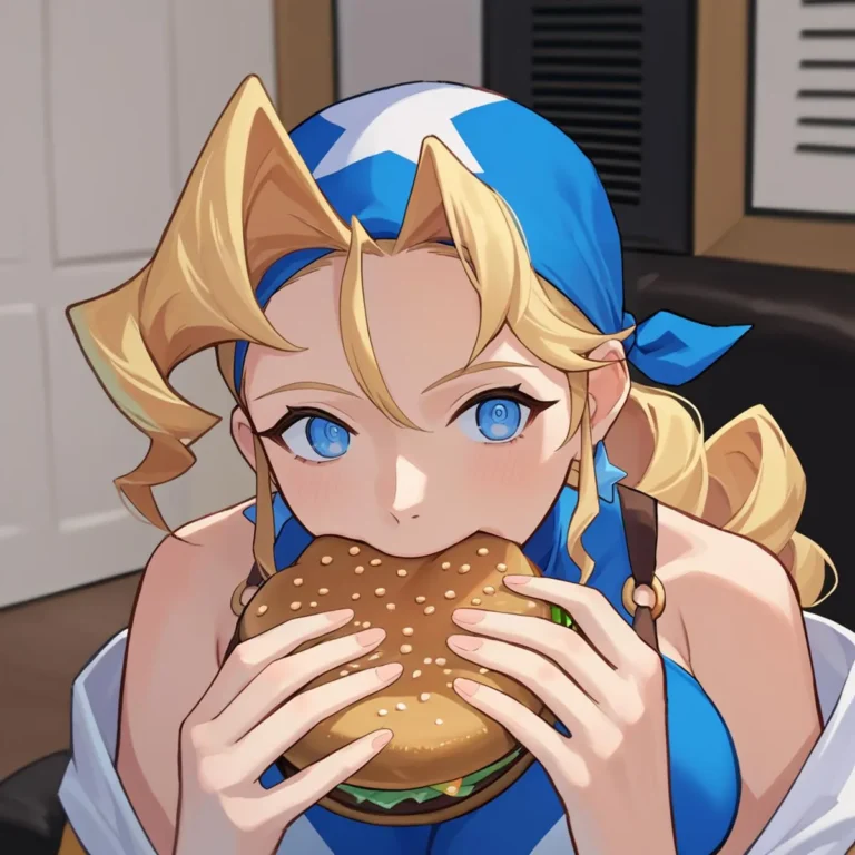 An AI-generated image using Stable Diffusion depicts an anime-style girl with blonde hair and blue eyes, wearing a blue bandana, and eating a large burger.