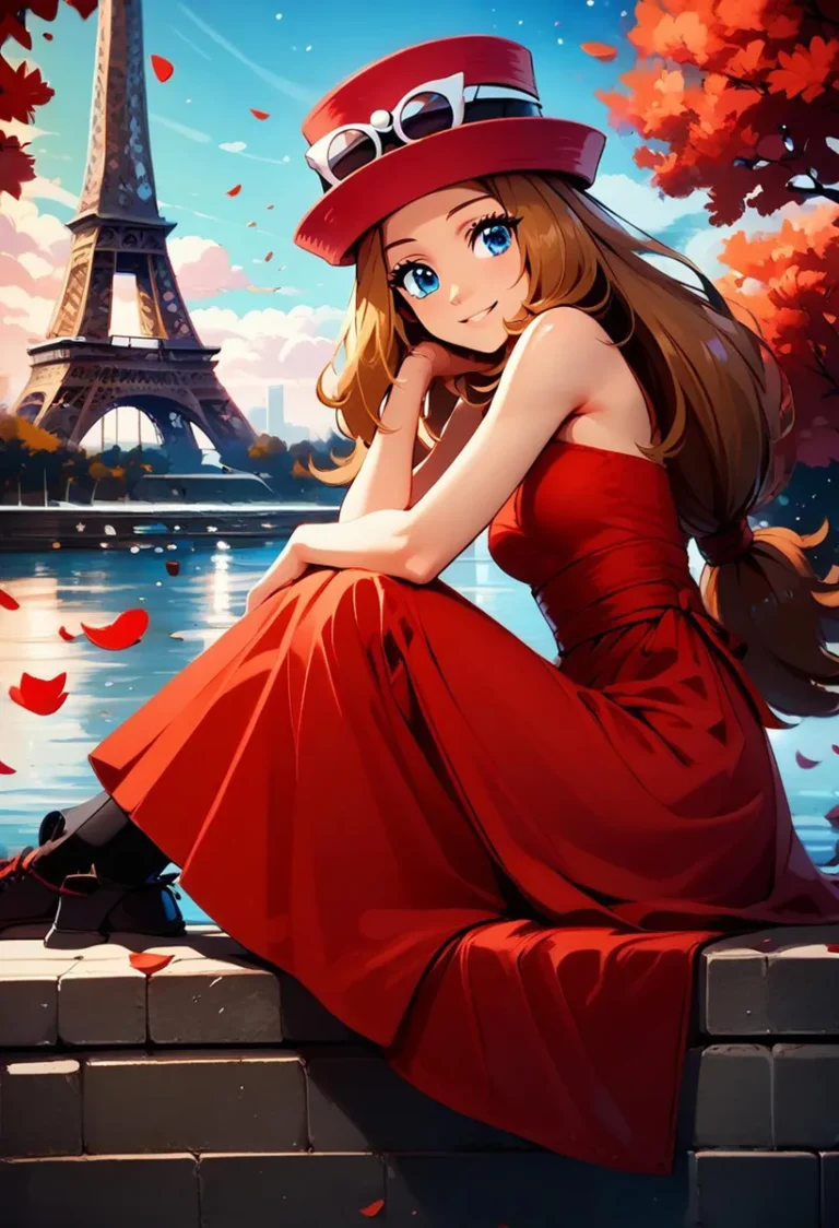 Anime-style girl with long brown hair, bright blue eyes, wearing a red dress and red hat, sitting in front of the Eiffel Tower. AI generated image using stable diffusion.