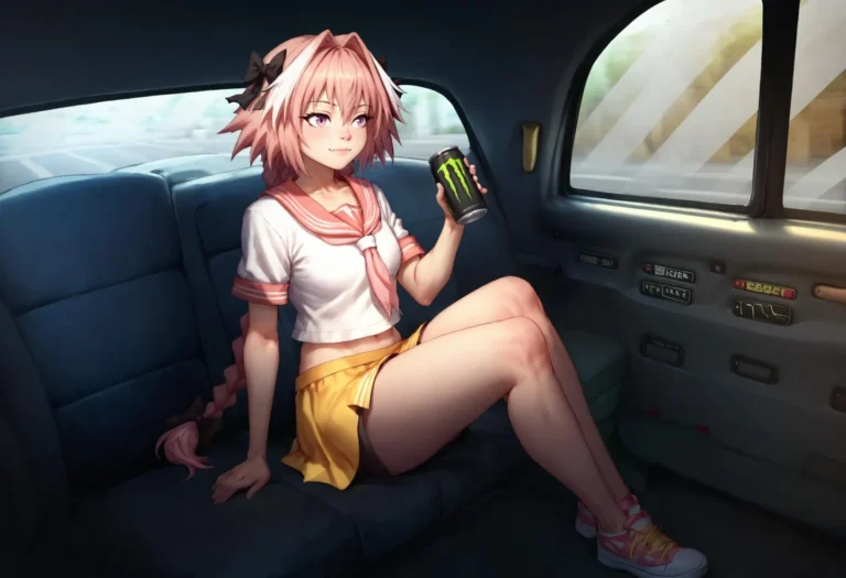 Anime style girl with pink hair and a school uniform holding an energy drink can while sitting in the back seat of a car, created using Stable Diffusion.