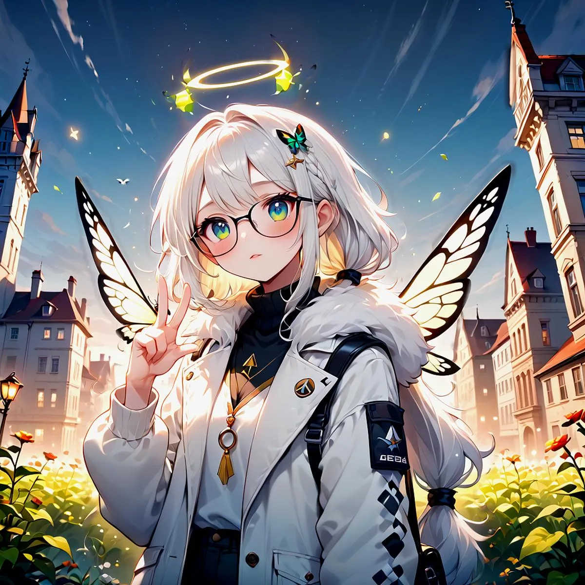 AI generated image of an anime-style girl with fairy wings, a halo, and glasses. She is wearing a white jacket and standing in a charming village landscape. Created using stable diffusion.