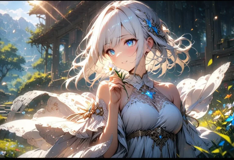 A stunning anime girl with white hair and blue eyes in an elegant fantasy outfit holding a flower in a vibrant fantasy world. AI generated image using Stable Diffusion.