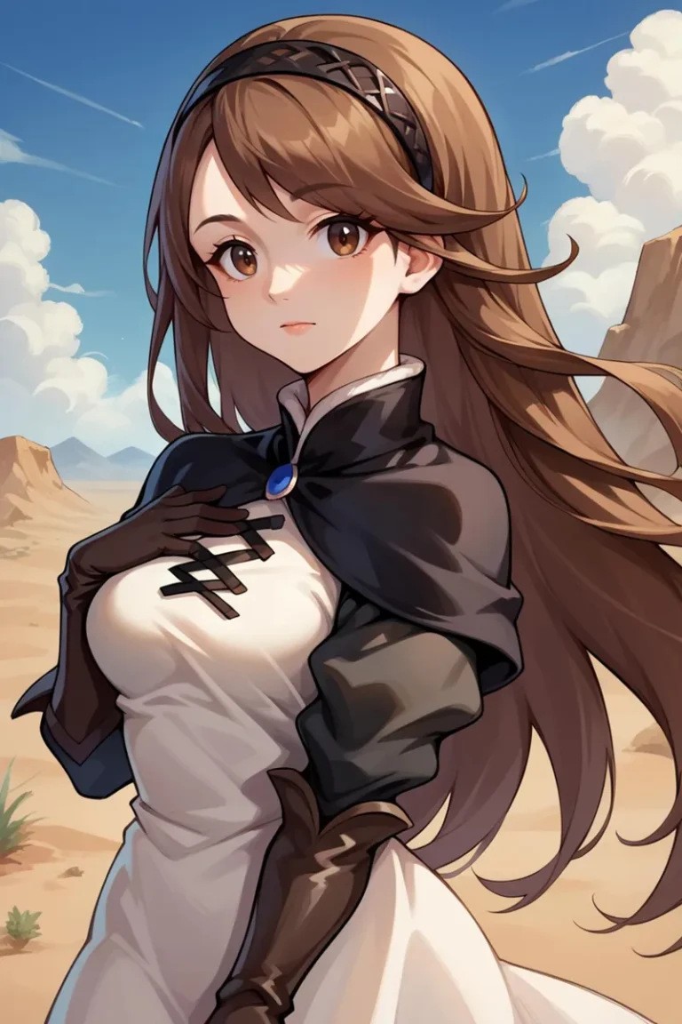 AI generated image using stable diffusion depicting an anime girl with long brown hair and brown eyes standing in a desert landscape with mountains and a blue sky in the background.