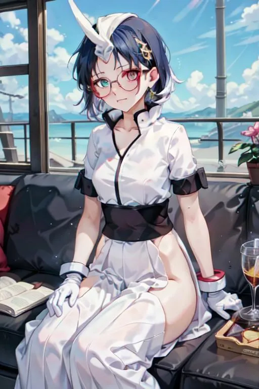 A fantasy anime girl with white and black dress and horn, sitting on a couch with a scenic ocean backdrop. AI generated image using stable diffusion.