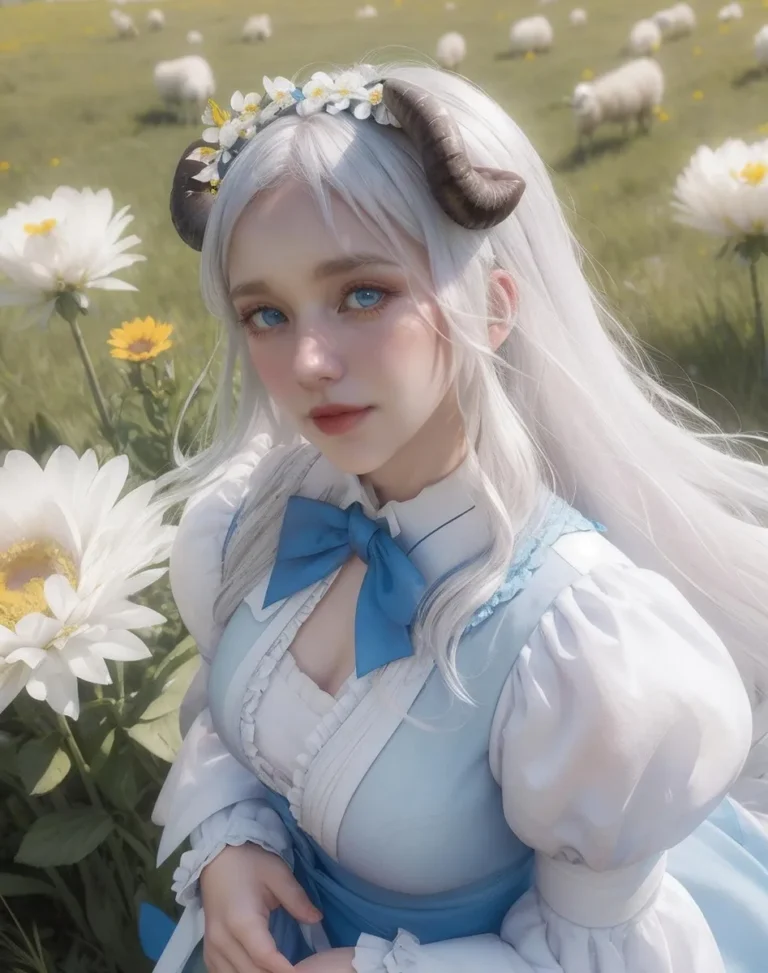 AI generated image of an anime-style girl with white hair, wearing a blue and white dress, adorned with ram horns and a flower crown, set in a pastoral scene with flowers and sheep.