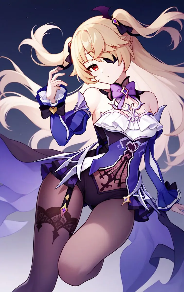 A fantasy-themed anime girl with blonde hair, wearing a detailed blue and purple costume, generated by Stable Diffusion.