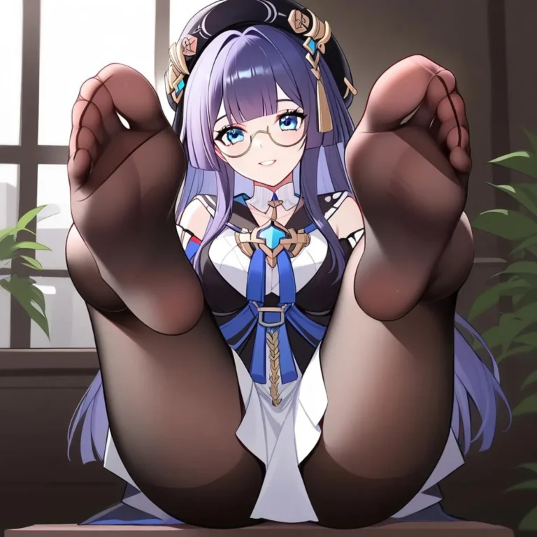An anime girl with glasses and purple hair smiling close-up with her feet in black stockings in the foreground, AI generated image using Stable Diffusion.