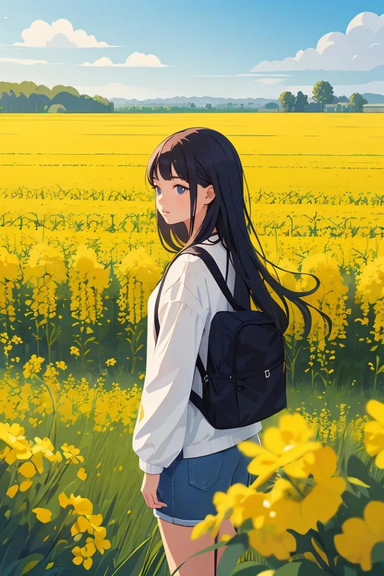Anime-style image of a girl with long hair and a backpack standing in a blooming yellow field, generated using Stable Diffusion.