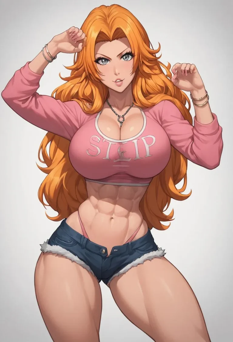 An AI-generated anime girl with long red hair, wearing a pink crop top printed with 'STRIP' and short denim shorts, showcasing a fit and toned body using Stable Diffusion.
