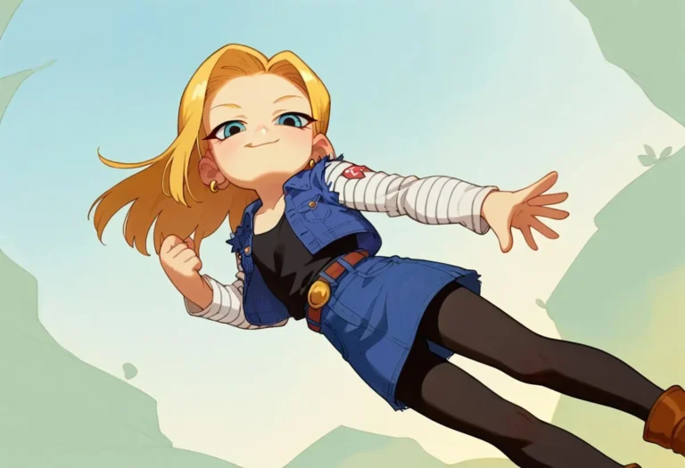 Illustration of an anime girl generated by AI using Stable Diffusion. The girl has blonde hair, blue eyes, and is floating in the air with a confident smile, wearing a blue jacket, a striped undershirt, black shorts, and black stockings.