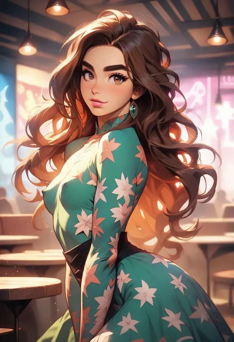 AI generated image of an anime style girl with long, wavy brown hair wearing a teal floral dress, created using Stable Diffusion.