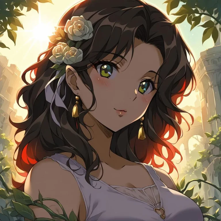 Anime-style girl with dark hair, wearing a white top, and golden earrings, with a flower hair accessory and a sunlit background, an AI-generated image using stable diffusion.