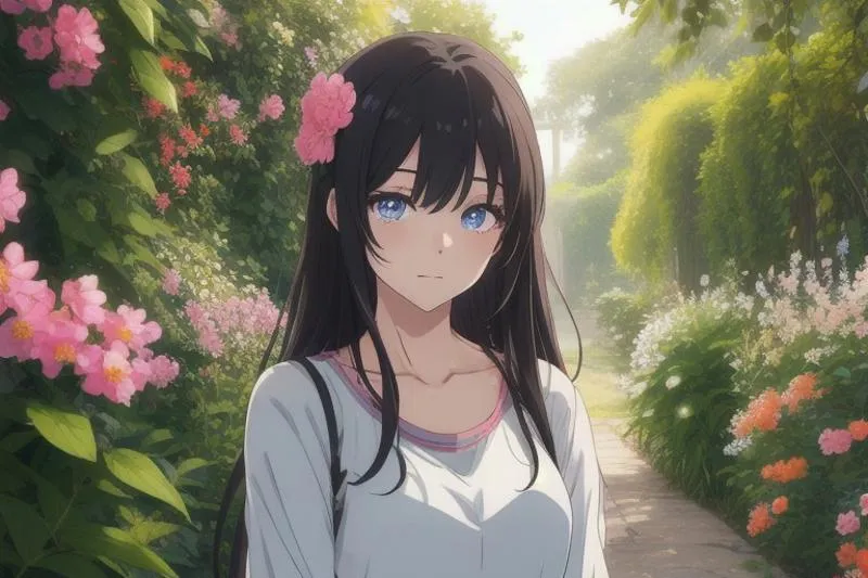 An anime-style girl with long dark hair and blue eyes, wearing a white shirt, stands in a vibrant garden full of pink and green foliage. The image is AI generated using Stable Diffusion.