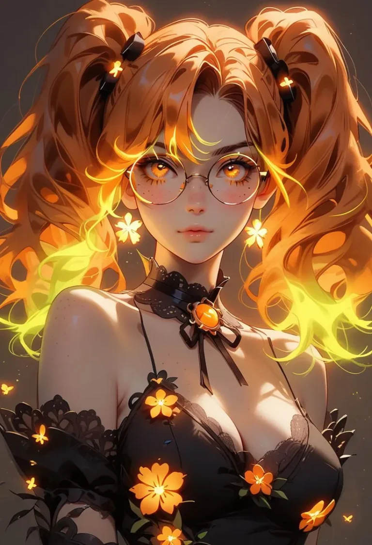 Anime girl with wavy brown hair in twin tails, large glasses, and orange flowers in her hair and outfit. AI generated image using Stable Diffusion.