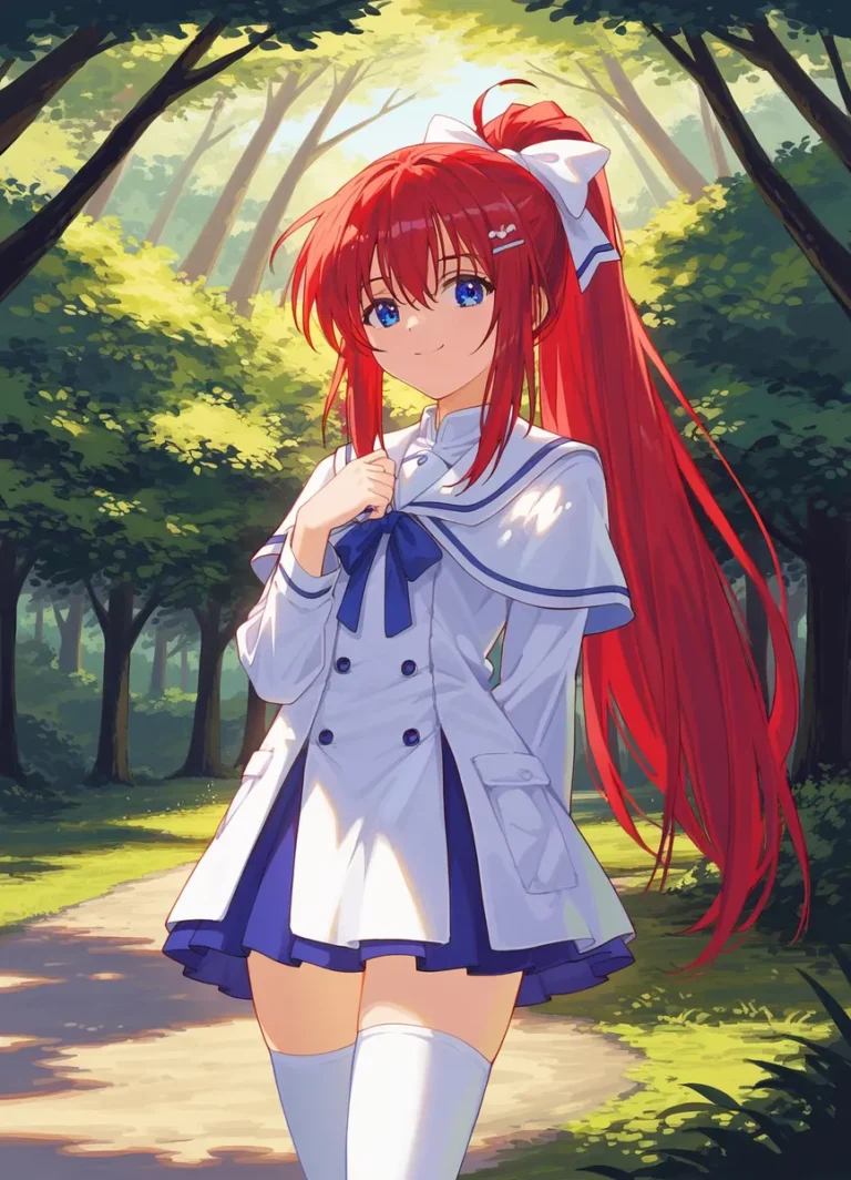 Anime girl with long red hair in a white and blue school uniform standing on a forest path. AI generated image using stable diffusion.