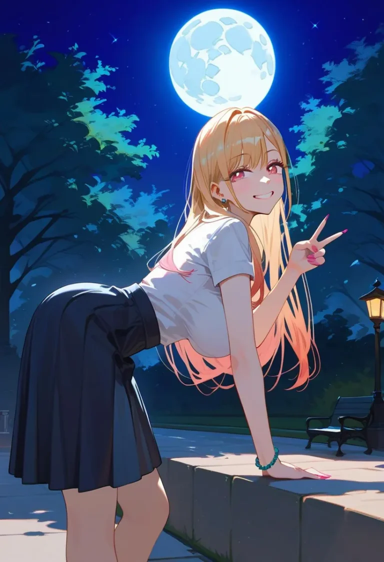 Anime girl with blonde hair, wearing a white shirt and black skirt, posing and making a peace sign under a bright full moon in a starry night sky with trees. AI generated image using Stable Diffusion.