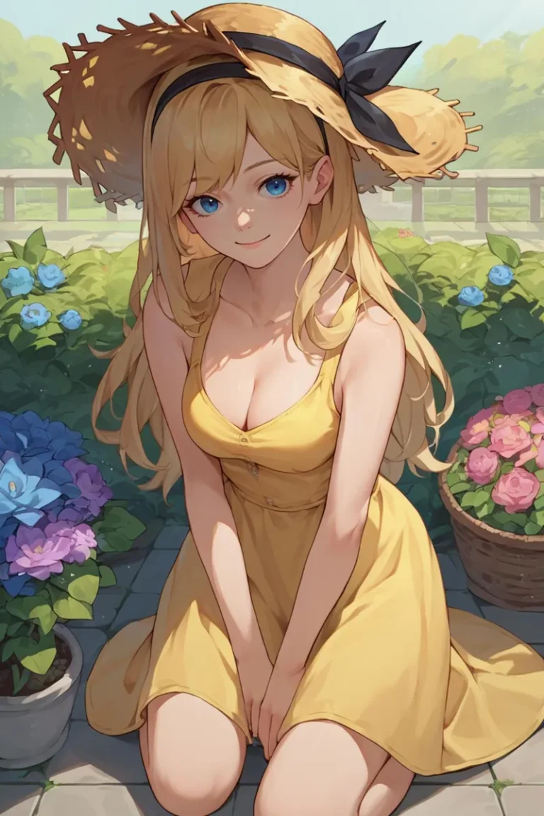 AI generated image using stable diffusion of an anime girl with blonde hair, wearing a yellow summer dress and a wide-brimmed hat, sitting in a garden surrounded by flowers.