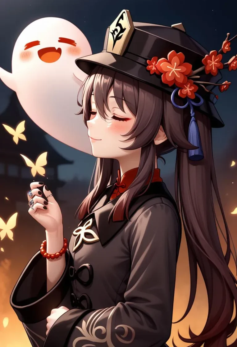 Anime style image of a girl dressed in dark, traditional clothing with a ghost companion. The image is AI-generated using Stable Diffusion.