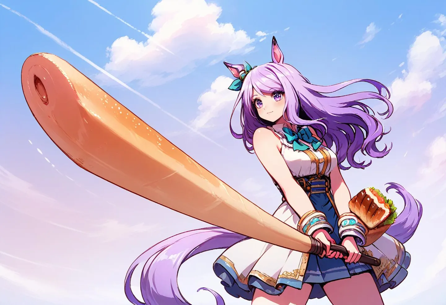Anime girl with purple hair holding a giant bat, dressed in a detailed outfit beneath a clear blue sky with clouds. This is an AI generated image using stable diffusion.