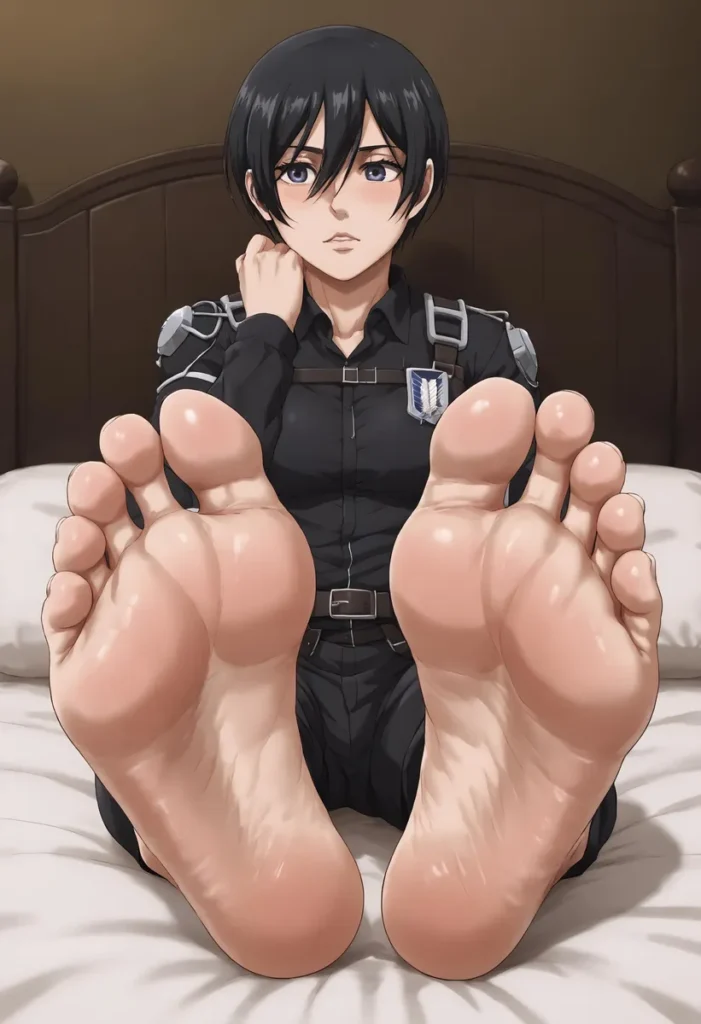 An anime girl with short black hair, dressed in a military-style black uniform with a distinct emblem on the chest, sitting on a bed. The image focuses on her bare feet from a giantess perspective, showing the soles prominently. This is an AI generated image using stable diffusion.