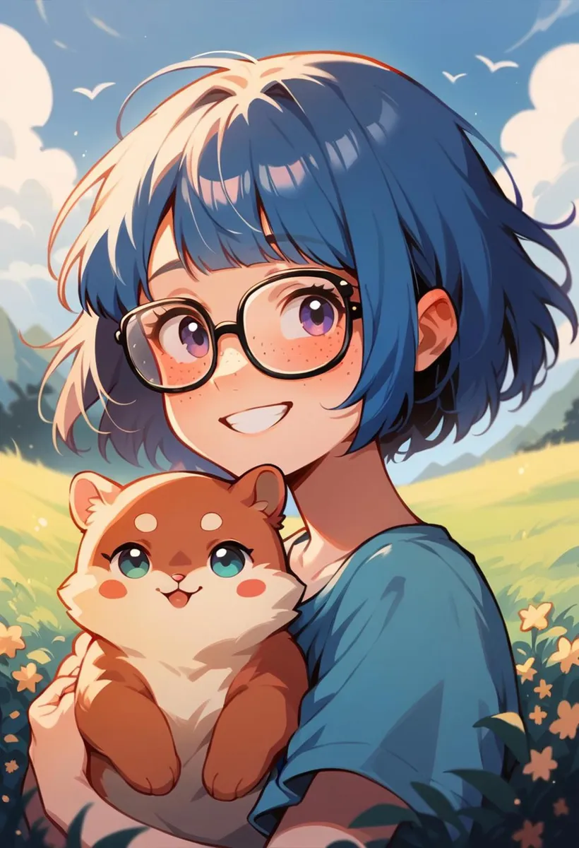 Anime-style illustration of a girl with blue hair and glasses, holding a cute pet. AI generated image using Stable Diffusion.