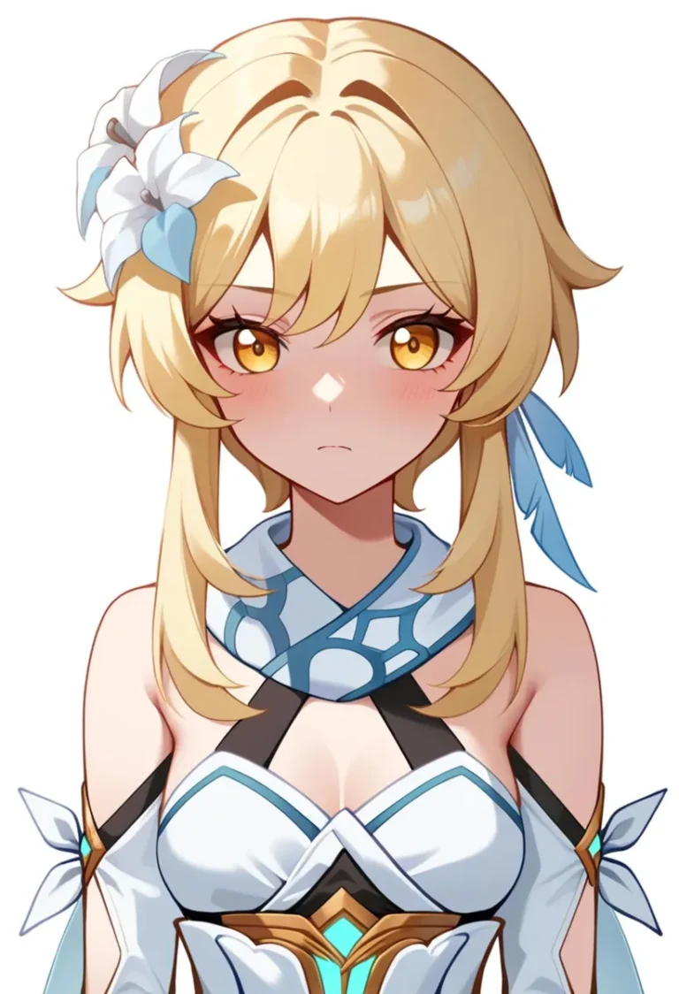 Anime girl with golden eyes, blonde hair, and a white flower in her hair, wearing an intricate outfit. AI generated image using Stable Diffusion.