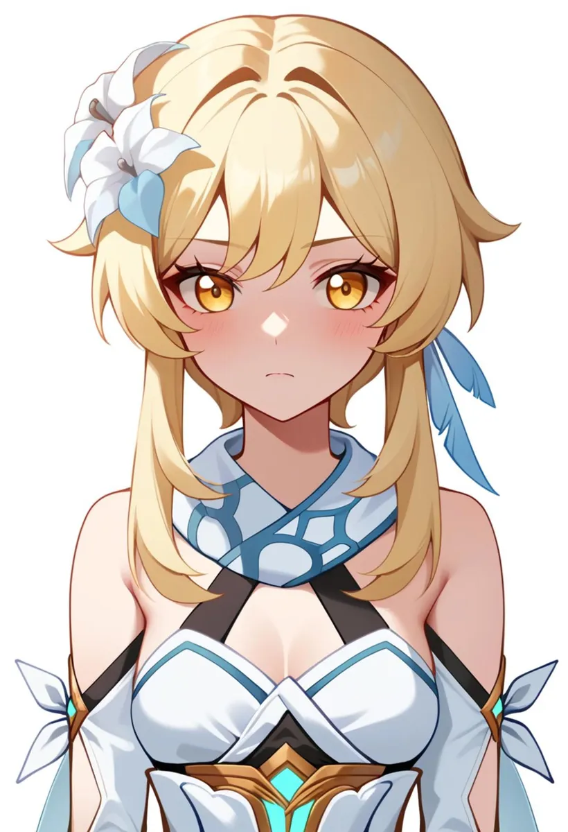 Anime girl with golden eyes, blonde hair, and a white flower in her hair, wearing an intricate outfit. AI generated image using Stable Diffusion.