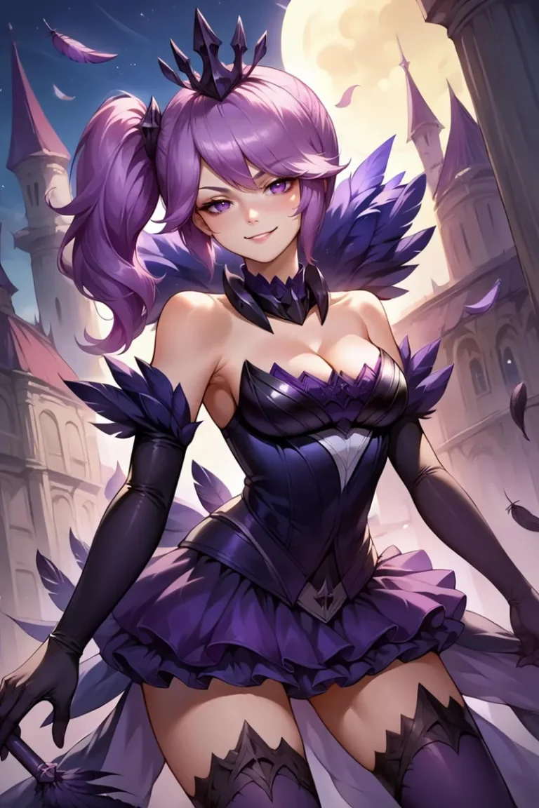 Anime girl with purple hair and gothic outfit against a moonlit castle, AI generated image using Stable Diffusion.