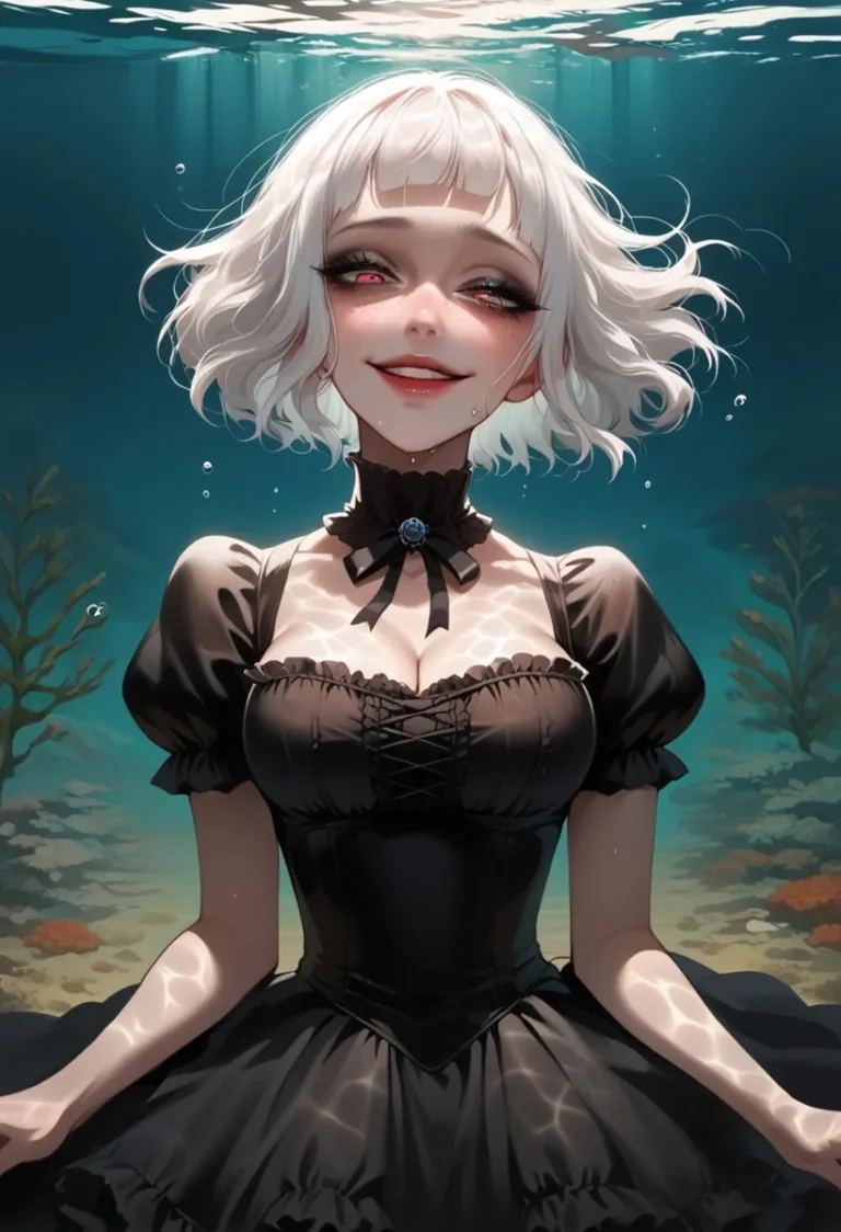 AI generated image of an anime girl with white hair wearing a gothic dress, underwater, created using Stable Diffusion.