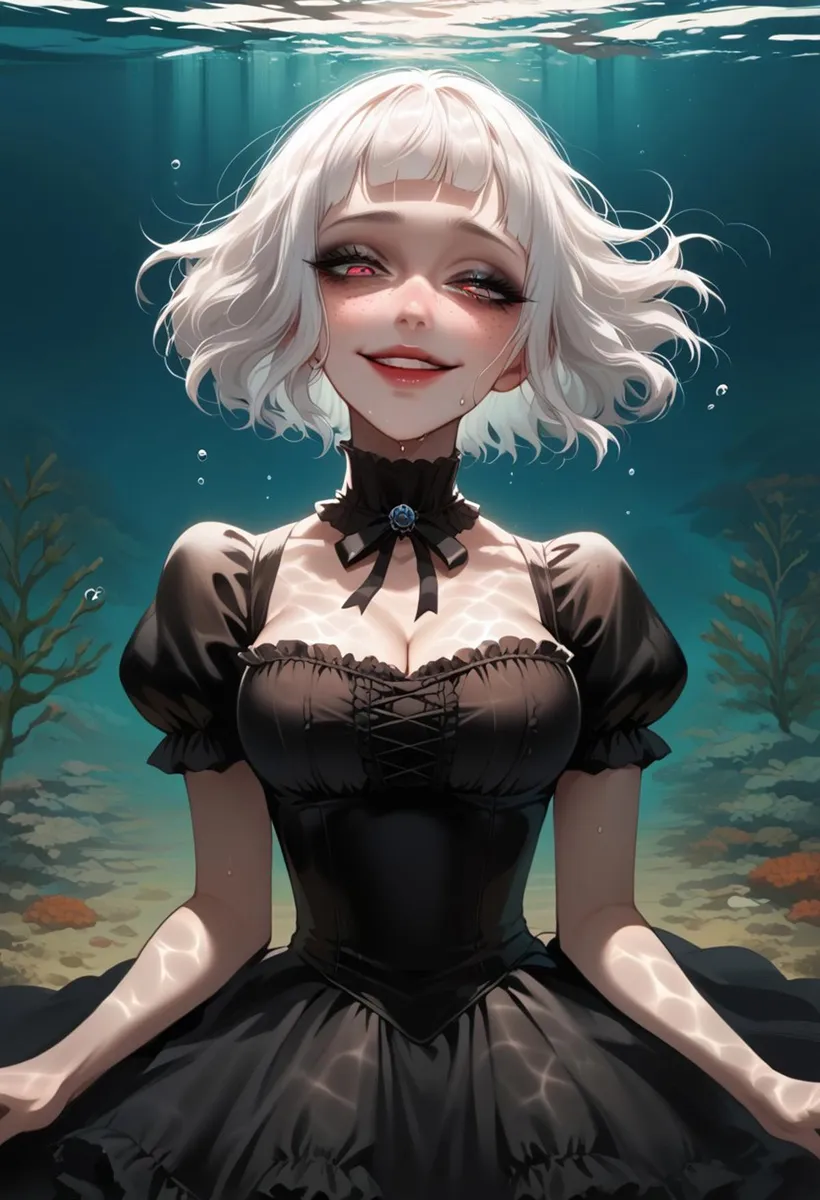 AI generated image of an anime girl with white hair wearing a gothic dress, underwater, created using Stable Diffusion.