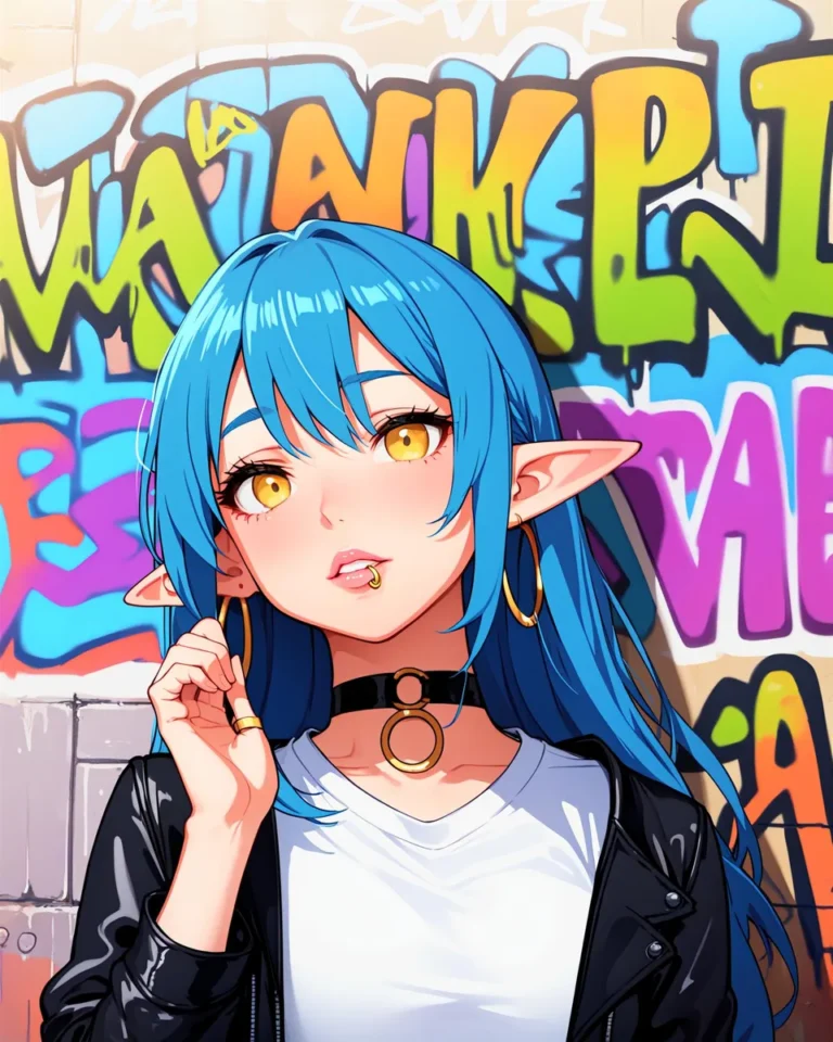 A vibrant anime girl with blue hair and golden eyes stands in front of a colorful graffiti wall. AI generated image using Stable Diffusion.