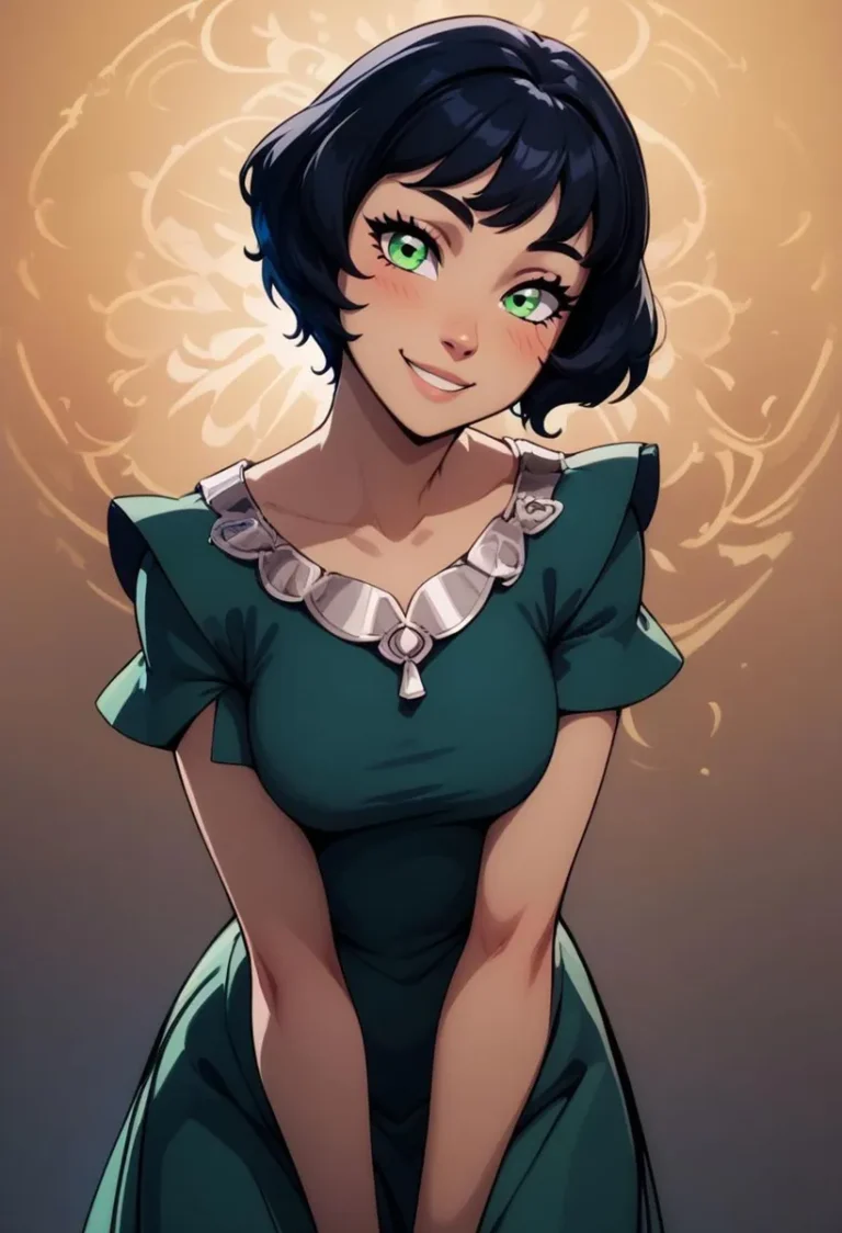 AI generated image of an anime girl with short black hair and vibrant green eyes, wearing a green dress, created using Stable Diffusion.